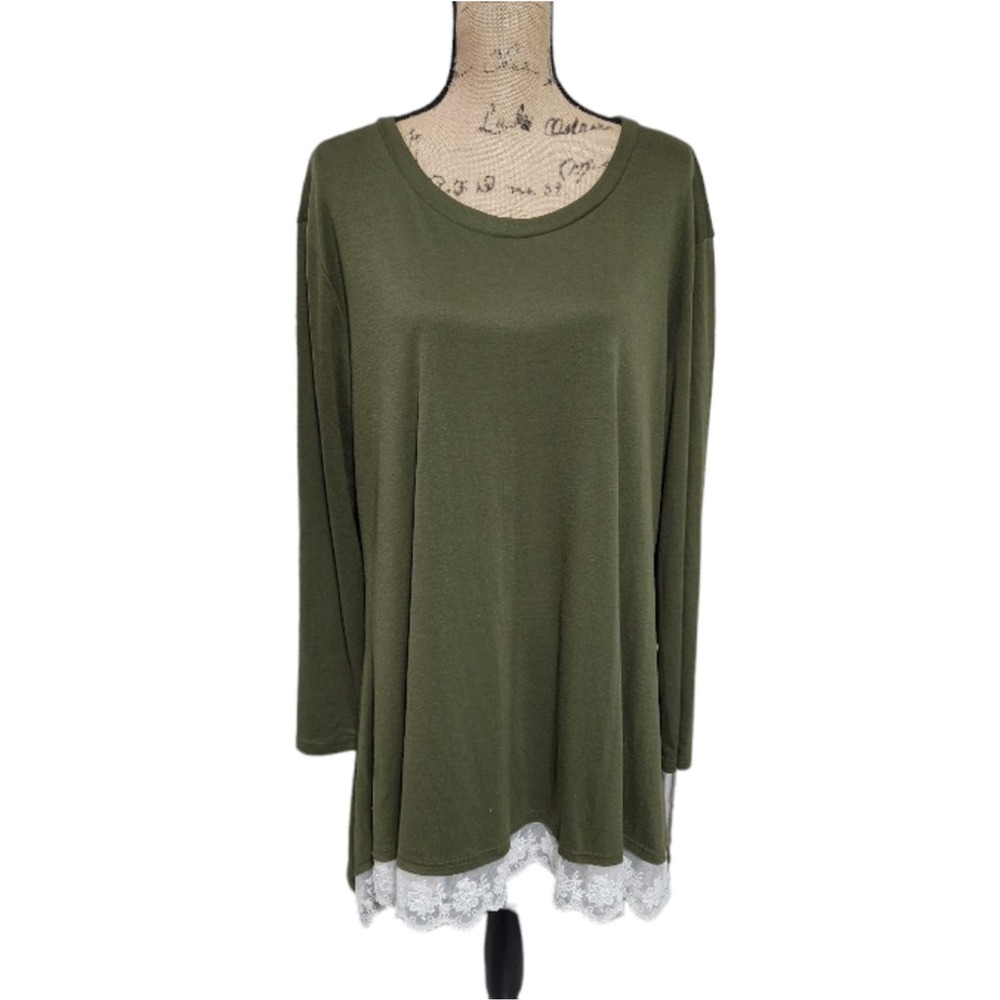MOSS GREEN AND WHITE‎ LACE TRIMMED COZY TUNIC PLUS SIZE XXL NEW!